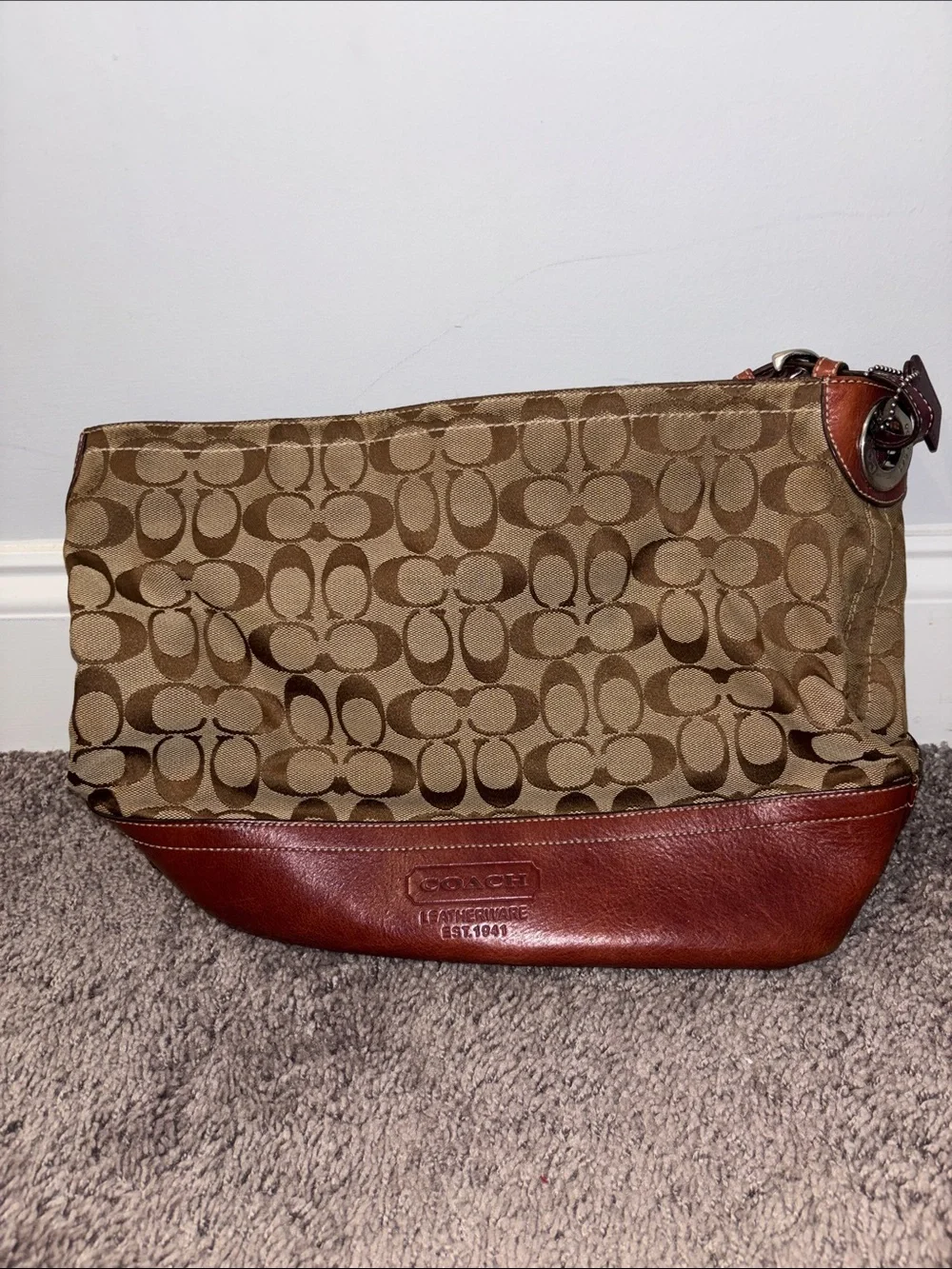 Coach Tan Signature Canvas Messenger Bag with Brown Leather Trim